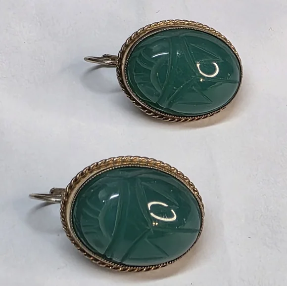 Sterling Silver Green Chalcedony Earrings | 1/20 14K Gold Fill | Carved Scarab - Picture 3 of 6